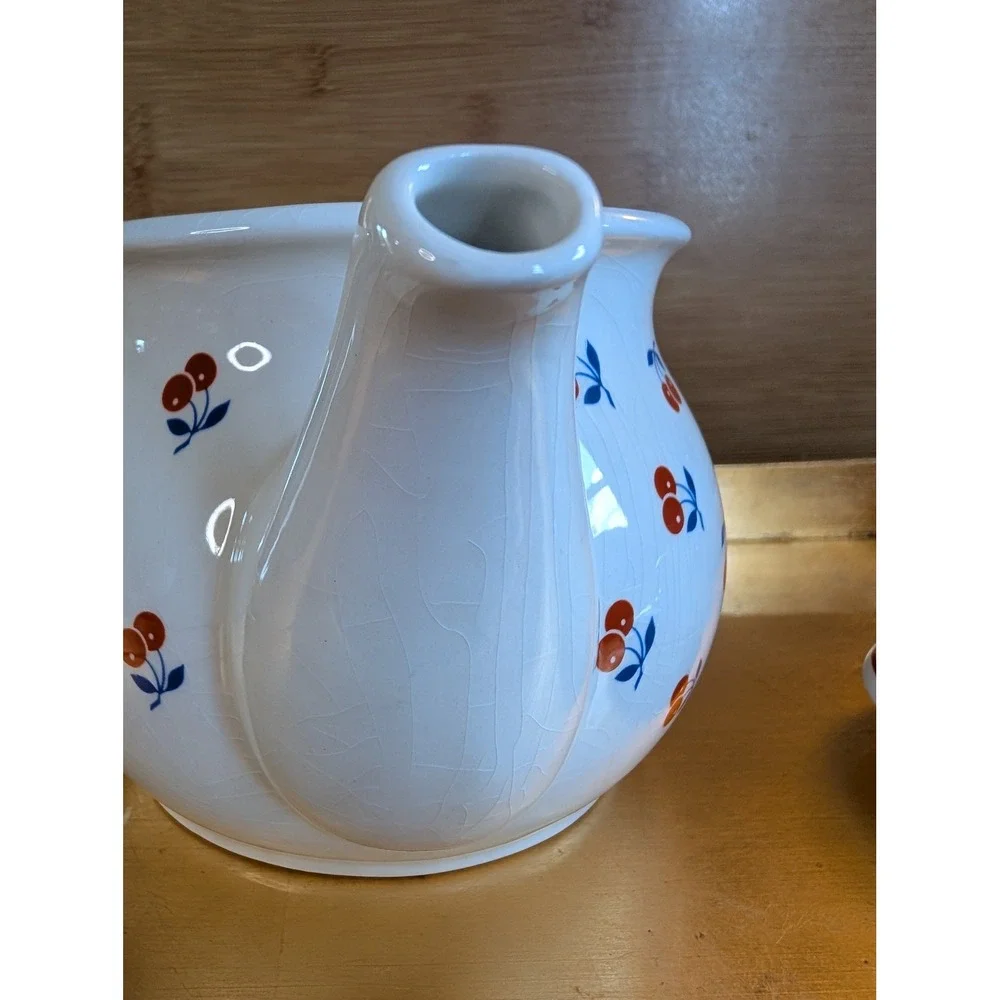 Sadler England Teapot Cherries Pattern Vintage White Ceramic Tea Pot Made in UK